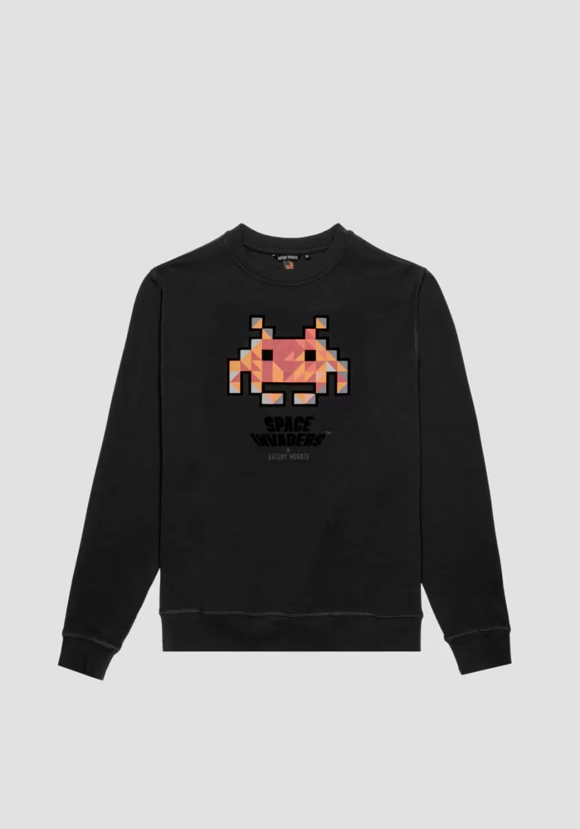 Antony Morato Noir Homme Sweat-Shirt Regular Fit En Coton Mélangé Doux Avec Imprimé Space Invaders Sweat-Shirts - 3