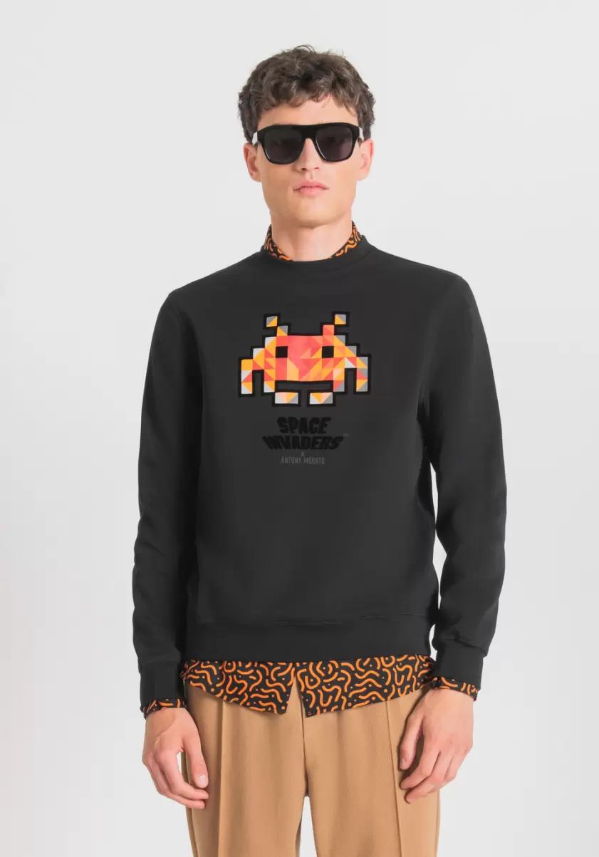 Antony Morato Noir Homme Sweat-Shirt Regular Fit En Coton Mélangé Doux Avec Imprimé Space Invaders Sweat-Shirts