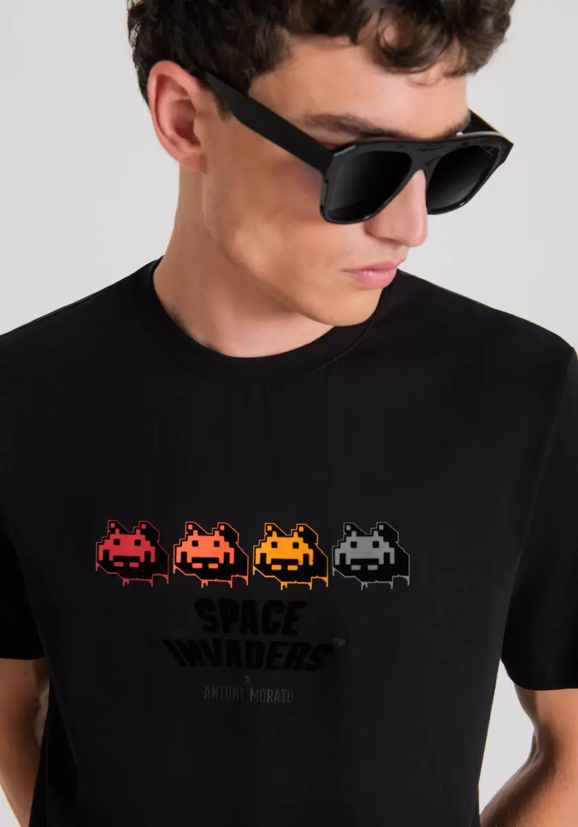 Homme T-Shirts Et Polos T-Shirt Regular Fit 100 % Coton Avec Imprimé Space Invaders Noir Antony Morato