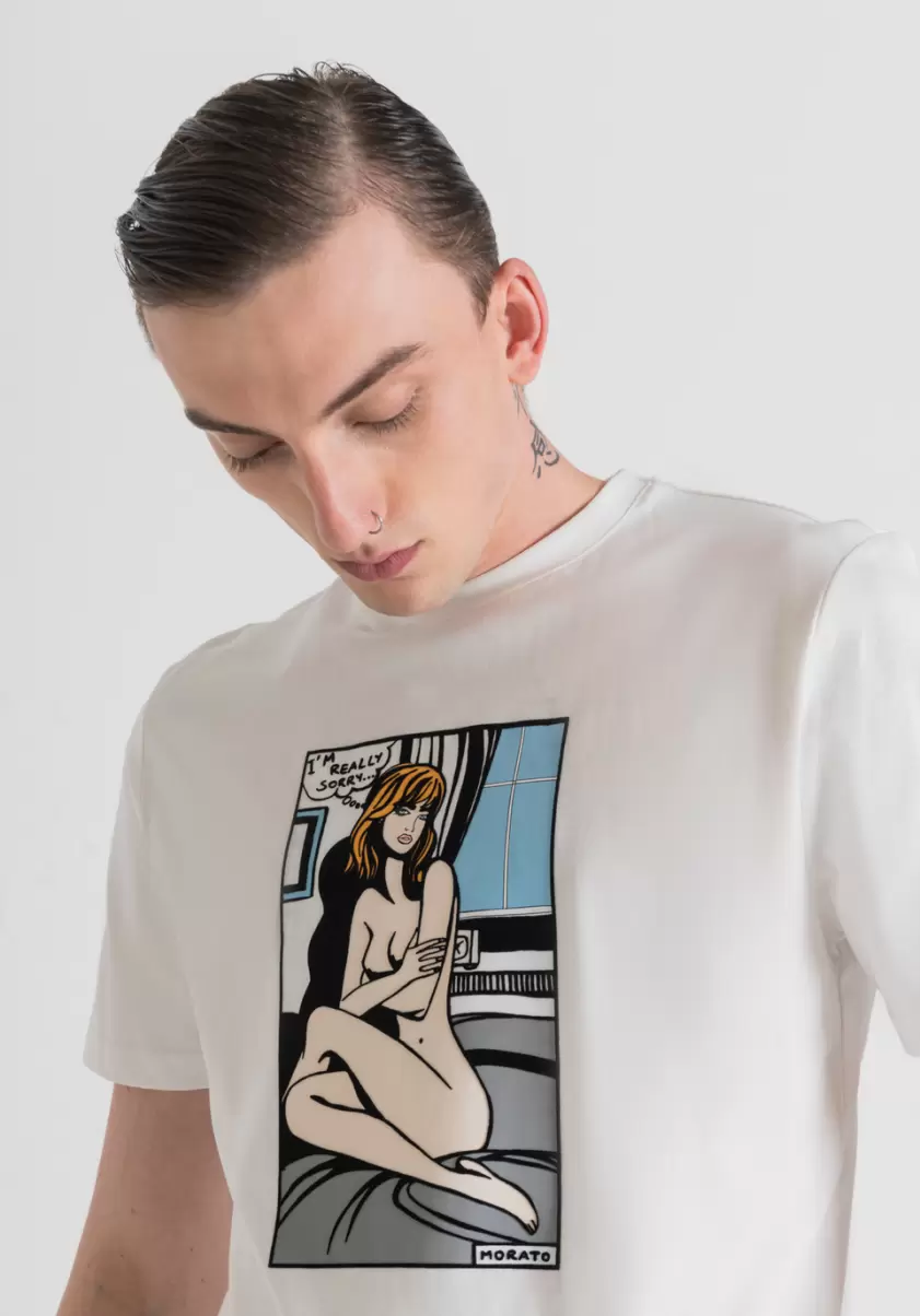 Homme Crème T-Shirt Regular Fit 100 % Coton Avec Imprimé Bande Dessinée Antony Morato T-Shirts Et Polos - 2