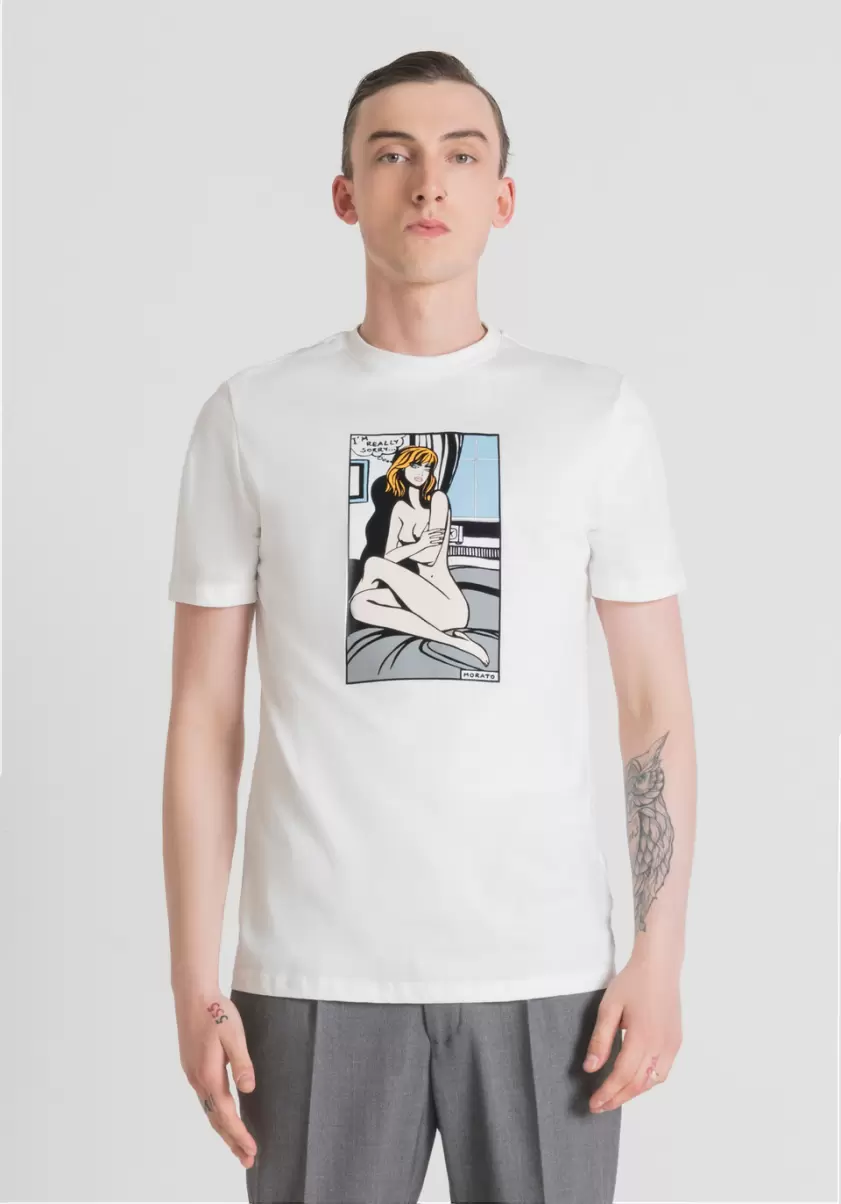 Homme Crème T-Shirt Regular Fit 100 % Coton Avec Imprimé Bande Dessinée Antony Morato T-Shirts Et Polos