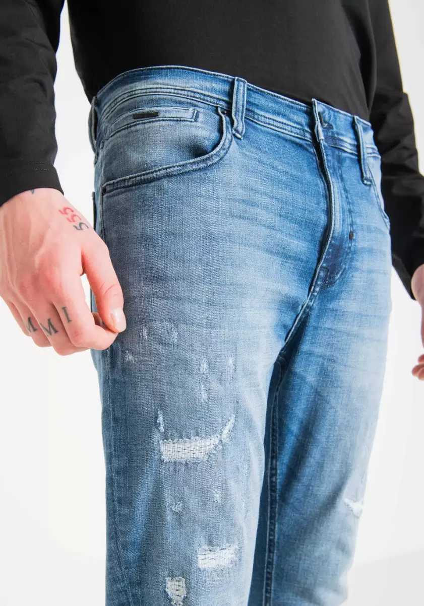 Jeans Jean Skinny Cropped Fit « Karl » En Denim Stretch Bleu Avec Délavage Clair Homme Bleu Denim Antony Morato