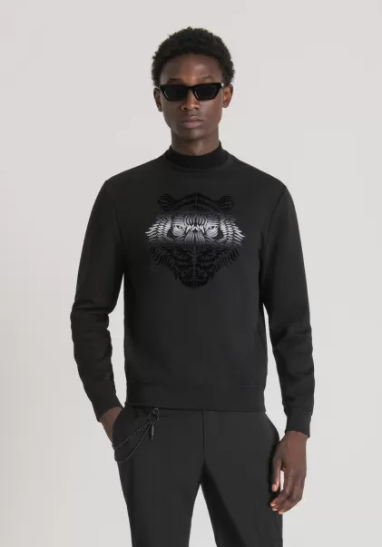 Antony Morato Noir Sweat-Shirt Regular Fit À Col Rond En Coton Mélangé Avec Imprimé Tigre Dégradé Homme Sweat-Shirts