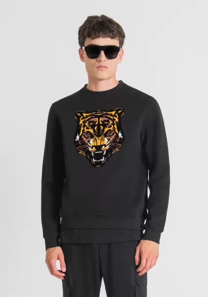 Homme Antony Morato Sweat-Shirt Regular Fit En Coton Mélangé Avec Impression Tigre Sweat-Shirts Noir