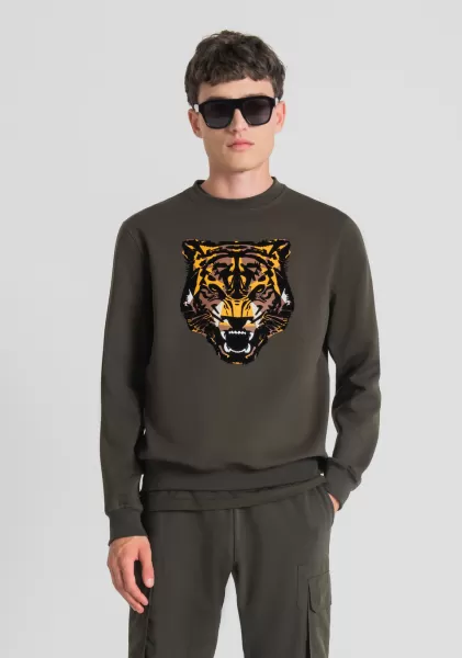 Vert Fonce Homme Sweat-Shirt Regular Fit En Coton Mélangé Avec Impression Tigre Antony Morato Sweat-Shirts