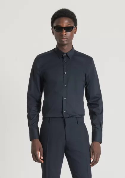 Chemises Antony Morato Chemise Super Slim Fit « Milano » En Popeline De Coton Mélangée Stretch Homme Encre Bleu
