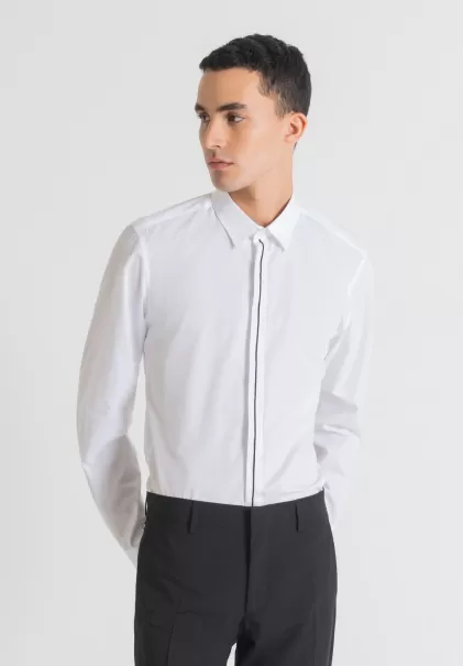 Chemises Antony Morato Homme Blanc Chemise Slim Fit « Paris » Easy-Iron En Pur Coton Soft-Touch Avec Boutonnage Dissimulé