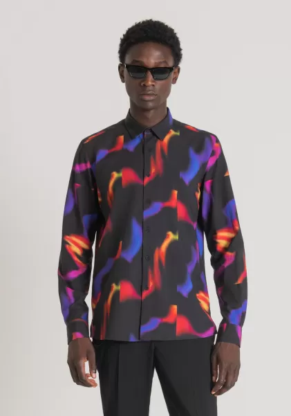 Chemises Antony Morato Noir Chemise Straight Fit « Barcelona » En Tissu De Coton Mélangé Doux Avec Motif Multicolore Homme