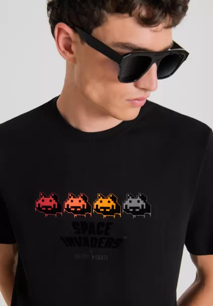 Homme T-Shirts Et Polos T-Shirt Regular Fit 100 % Coton Avec Imprimé Space Invaders Noir Antony Morato
