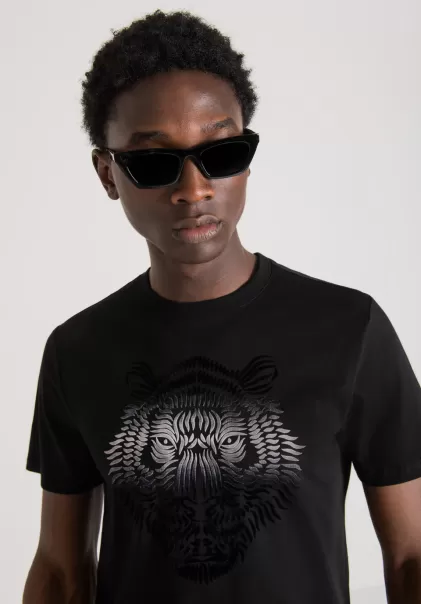 Homme Noir T-Shirts Et Polos T-Shirt Slim Fit En Coton Avec Imprimé Tigre Dégradé Antony Morato