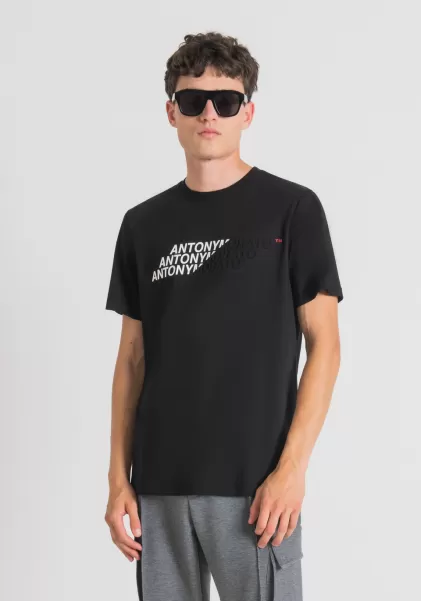 Homme T-Shirts Et Polos Noir Antony Morato T-Shirt Regular Fit En Coton Avec Imprimé Logo Effet Caoutchouc