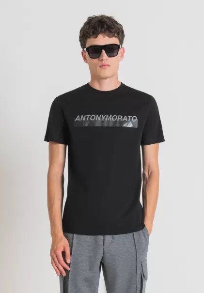 Noir T-Shirt Slim Fit 100 % Coton Avec Impression Logo En Caoutchouc T-Shirts Et Polos Homme Antony Morato