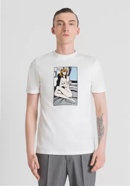 Homme Crème T-Shirt Regular Fit 100 % Coton Avec Imprimé Bande Dessinée Antony Morato T-Shirts Et Polos