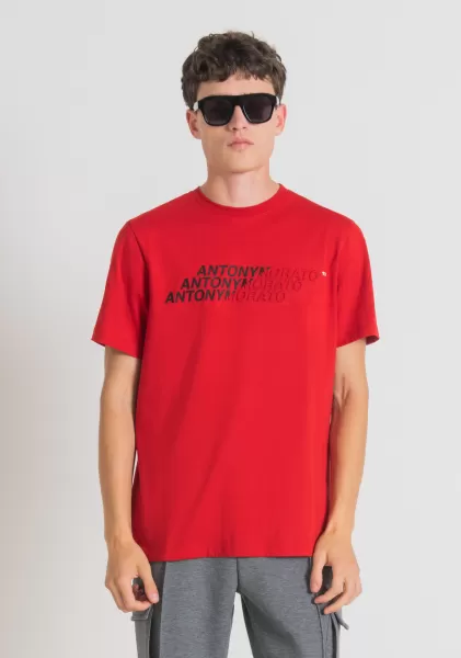 T-Shirts Et Polos Rouge T-Shirt Regular Fit En Coton Avec Imprimé Logo Effet Caoutchouc Homme Antony Morato