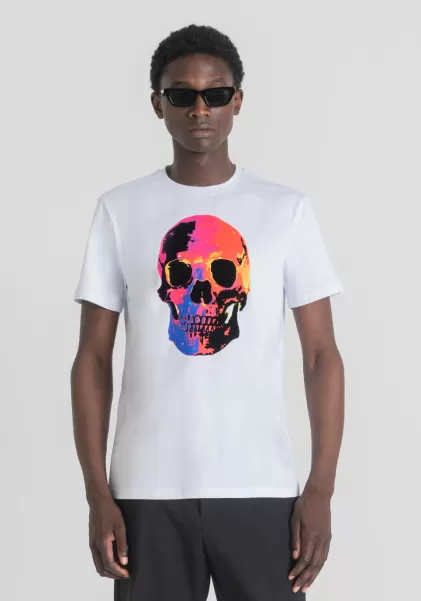 Blanc T-Shirt Slim Fit 100 % Coton Doux Avec Imprimé Tête De Mort Antony Morato Homme T-Shirts Et Polos