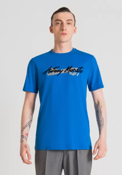 Homme Cobalt T-Shirts Et Polos T-Shirt Regular Fit En Pur Coton Avec Imprimé Logo En Caoutchouc Antony Morato