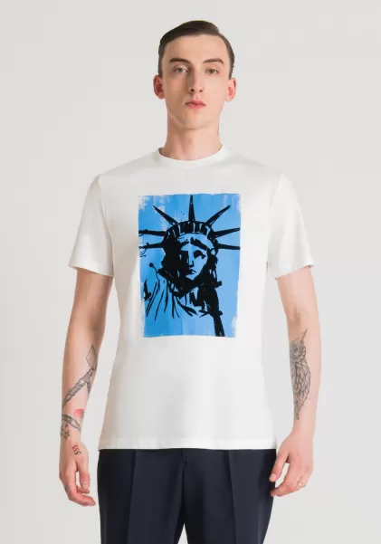 Crème T-Shirts Et Polos Antony Morato Homme T-Shirt Regular Fit 100 % Coton Avec Imprimé Statue De La Liberté