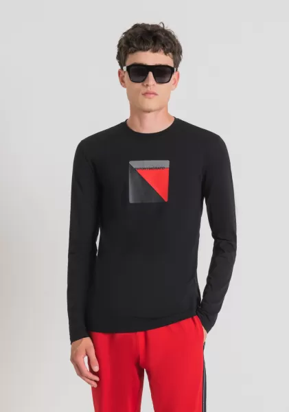 T-Shirt Super Slim Fit À Manches Longues En Coton Élastique Avec Imprimé Logo En Caoutchouc Homme Noir T-Shirts Et Polos Antony Morato
