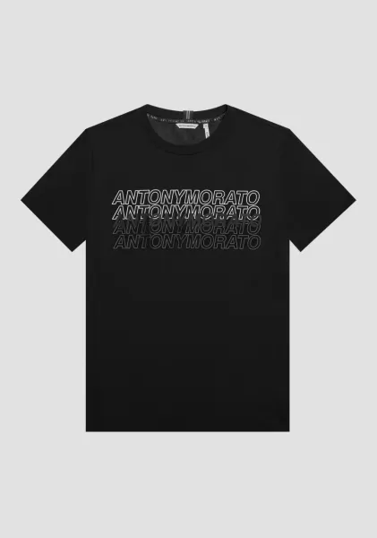 Homme T-Shirts Et Polos T-Shirt Slim Fit 100 % Coton Avec Imprimé Logo Effet Caoutchouc Noir Antony Morato