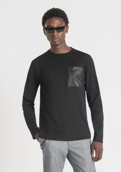 Antony Morato T-Shirt Regular Fit À Manches Longues 100 % Coton Avec Poche Zippée En Similicuir T-Shirts Et Polos Homme Noir