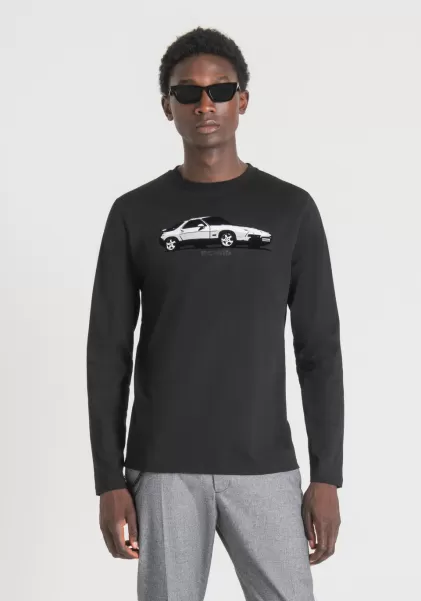 Antony Morato Noir T-Shirts Et Polos Homme T-Shirt Regular Fit À Manches Longues En Coton Doux Avec Imprimé Voiture
