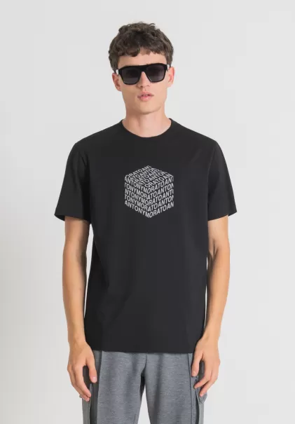 Noir T-Shirts Et Polos T-Shirt Regular Fit En Coton Avec Imprimé Logo Réfléchissant Homme Antony Morato