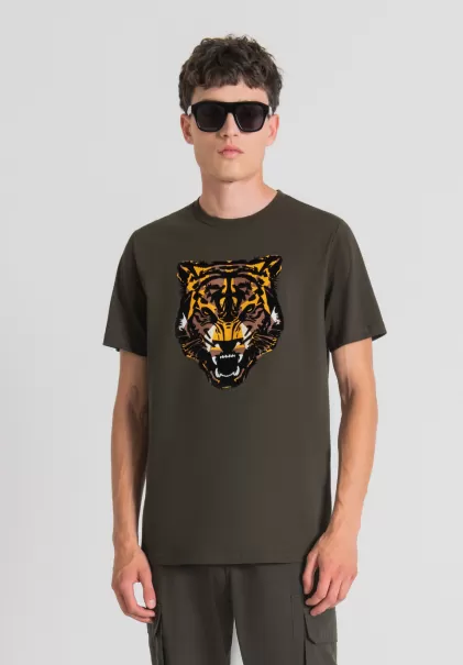 Homme T-Shirt Regular Fit 100 % Coton Avec Imprimé Tigre Antony Morato Vert Fonce T-Shirts Et Polos