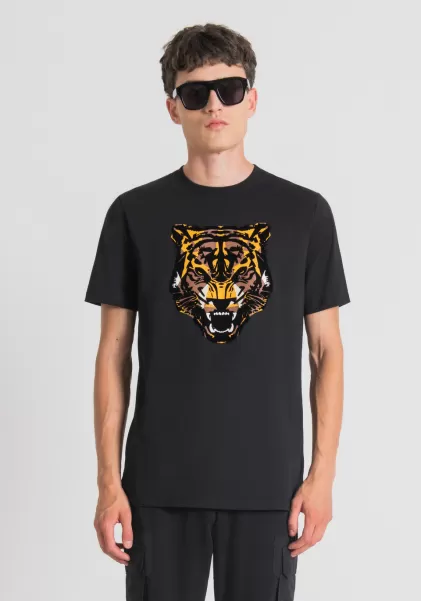 T-Shirts Et Polos T-Shirt Regular Fit 100 % Coton Avec Imprimé Tigre Homme Noir Antony Morato