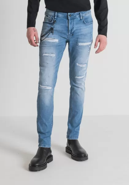 Jean Tapered Fit « Iggy » En Coton Stretch Denim Avec Délavage Moyen Bleu Denim Jeans Antony Morato Homme