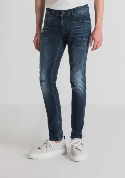 Homme Bleu Denim Jeans Jean Coupe Super Skinny « Gilmour » En Denim Stretch Mélangé Avec Délavage Foncé Effet Blanchi Antony Morato
