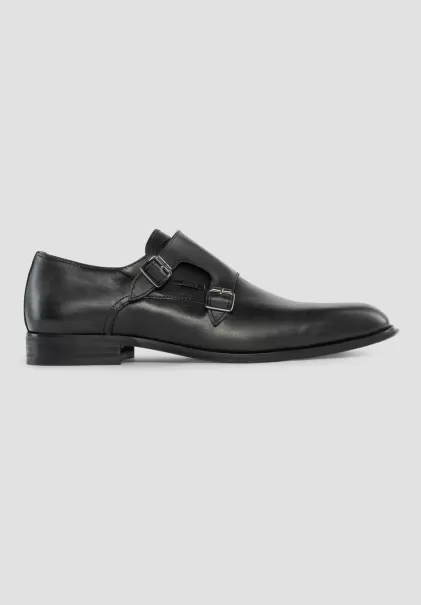 Homme Noir Chaussures Formelles Antony Morato Monk Strap « Jason » En Cuir Avec Boucle Double